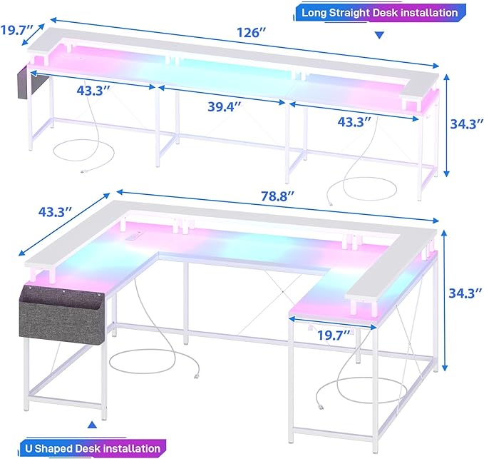 U Shaped Computer Gaming Desk, Reversible L Shaped Desk with Power Outlets, LED Strip & Monitor Stand, Large Corner Desk with Storage Shelves for Home Office, White - LeafyLoom