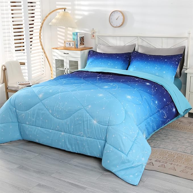 Wowelife Glitter Bedding Set Twin Comforter Set for Girls 5 Pieces Blue Galaxy Comforter Set Twin Bed Set Bed in a Bag with Sheets Comfortable and Breathable for Kids - LeafyLoom