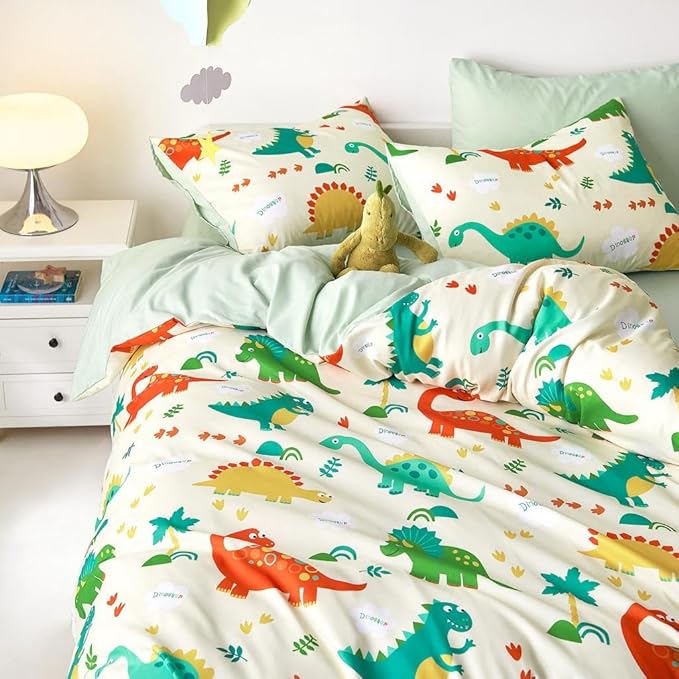 Wake In Cloud - Dinosaur Bedding Set for Boys, Cute Colorful Dinosaur Comforter Set with Sheets, 5 Pieces Kids Bed in a Bag, Cream Green, Twin Size - LeafyLoom