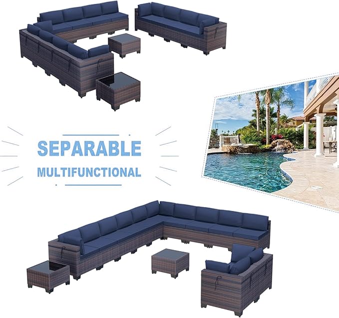 Kullavik 14PCS Outdoor Patio Furniture Set PE Wicker Rattan Sectional Sofa Patio Conversation Sets,Navy blue - LeafyLoom