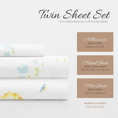 Linen Market 3 Piece Twin Bedding Sheet Set (Light Blue Floral) - Sleep Better Than Ever with These Ultra-Soft & Cooling Bed Sheets for Your Twin Size Bed - Deep Pocket Fits 16" Mattress - LeafyLoom