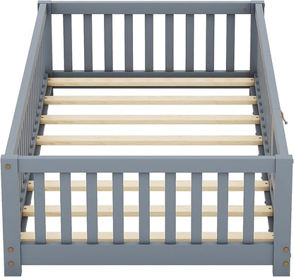 Multifunctional Twin Size Floor Bed with Safety Guardrails and Door, Removable Wood Slats, Montessori Beds Frame for Toddlers, Easy Assembly, for Boys and Girls Room, Gray - LeafyLoom