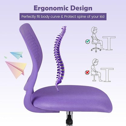 Kids Desk Chair, Purple Ergonomic Kids Office Chair Ages8-12 w/Lumbar Support, Low-Back Teen Desk Chair for Girls Boys, Small Cute Kids Computer Chair for Bedroom/Study/Vanity Desk - LeafyLoom