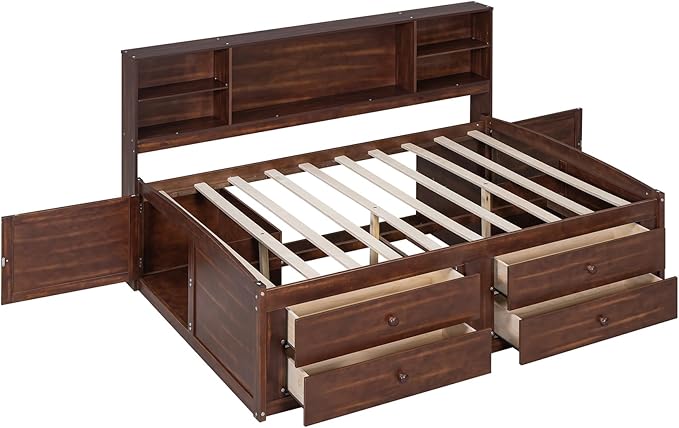 Merax Wooden Captain Bed Frame with Storage,Full Size Platform Bed with Built-in Storage Shelves,4 Drawers and 2 Cabinets,Full Size Daybed for Living Room - LeafyLoom