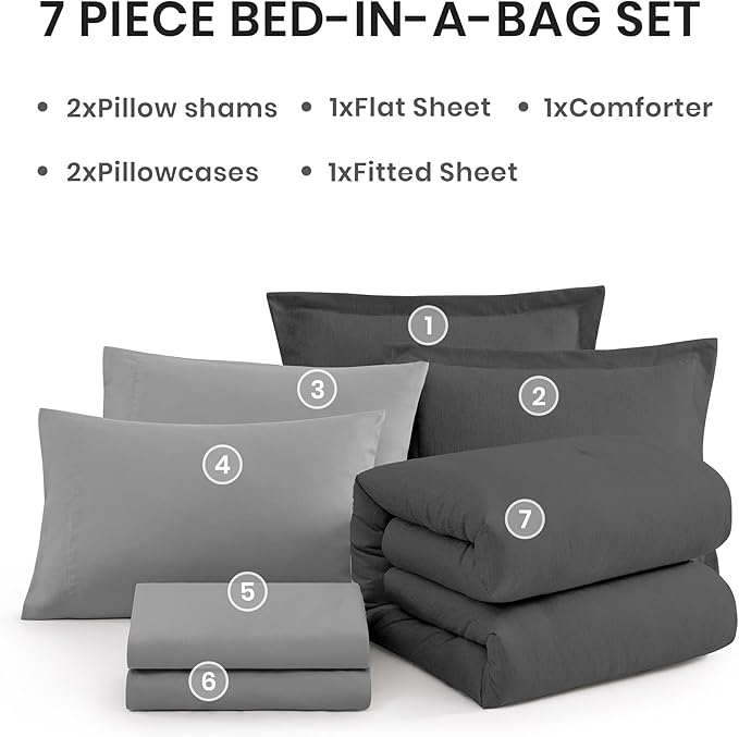 Monbix King Size Comforter Set, Dark Grey King Size Bed Set Reversible, King Size Comforter Set 7 Pieces, Cationic Dyeing Bed in a Bag with Comforter, Sheets, Pillowcases & Shams - LeafyLoom