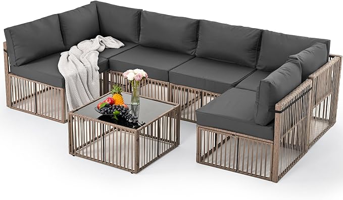 Pamapic 7 Pieces Outdoor Sectional Set, All-Weather PE Rattan Patio Conversation Set, Wicker Adjustable Patio Furniture Set with Washable Cushions Covers and Coffee Table, Brown Rattan, Gray Cushion - LeafyLoom