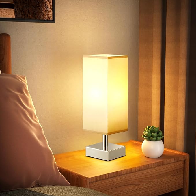 Grey Small Table Lamp for Bedroom - Bedside Lamps for Nightstand, Minimalist Night Stand Lamp with Square Fabric Shade, Desk Reading Lamp for Kids Room Living Room Office, Silver Base - LeafyLoom