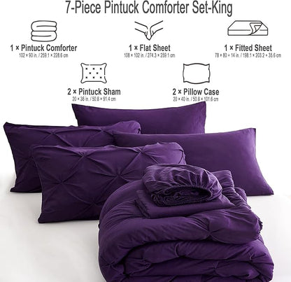 Ubauba 7pc King Size Comforter Set with Sheets, All Season Pintuck 7 Piece Bedding Sets Purple, Pinch Pleating Bed in a Bag Set with Comforters (Purple,King) - LeafyLoom