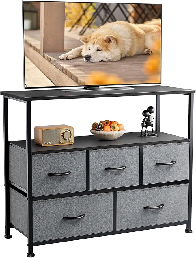 ANTONIA TV Stand Dresser for Bedroom with 5 Fabric Drawer, Entertainment Center for 45 inch Television, Media Console Table with Storage, Open Shelf, Adjustable Feet, Living Room Furniture, Grey - LeafyLoom