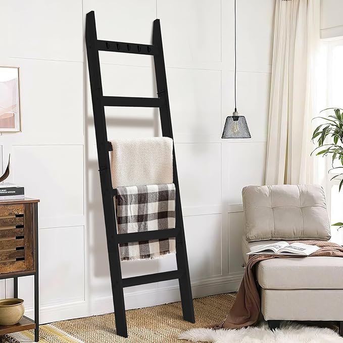 TEAKMAMA Blanket Ladder for Living Room and Bedroom, 5.4 Ft Wall Leaning Blanket Rack, Rustic Decorative Farmhouse Blanket Storage, Quilt Rack, Ladder Holder, Easy to Assemble (Black) - LeafyLoom