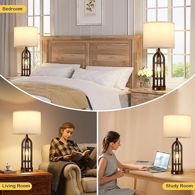 Table Lamp for Living Room - White Farmhouse Lamps for Night Stands with USB C+A, 3 Way Dimmable End Table Lamps Set of 2, Vintage Bedside Lamp for End Tables, Rustic Nightstand Lamps for Bedroom - LeafyLoom