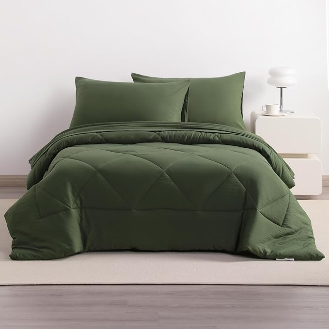 NTBAY Twin Comforter Set with Sheets, 5 Pieces Soft and Breathable Twin Bedding Set, Twin Bed in a Bag, Down Alternative Comforter Set Solid Color All Season, Kids Bedding Set, Olive Green - LeafyLoom