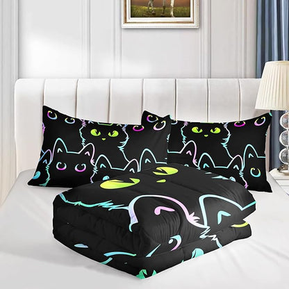 Axolotl Kids Bedding Cartoon Cat Comforter Set Queen Size,Gradient Line Cute Cat Bedding Set for Teens Kids Boys Girls Adults Room Decor,Kids Comforter Set All Season,1 Comforter 2 Pillow Cases,Black - LeafyLoom