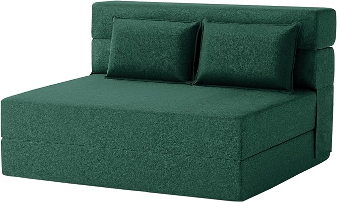 Convertible Folding Sofa Bed-Sleeper Chair with Pillow, Modern Linen Fabric Floor & Futon Couch, Foldable Mattress for Living Room/Dorm/Guest Use/Home Office/Apartment, Full Size,Dark Green - LeafyLoom