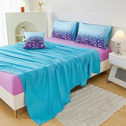 PERFEMET 6Pcs Full Size Comforter Sets for Girls Blue Purple Ombre Rainbow Kids Bedding Set Colorful Tie Dye Glitter Teen Girls Bedroom Decor Bed in A Bag - LeafyLoom