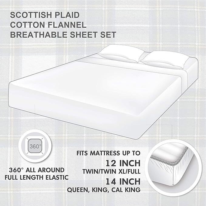 Comfort Spaces Cotton Flannel Breathable Warm Deep Pocket Sheets with Pillow Case Bedding, King, Green Plaid Scottish Plaid 4 Piece - LeafyLoom