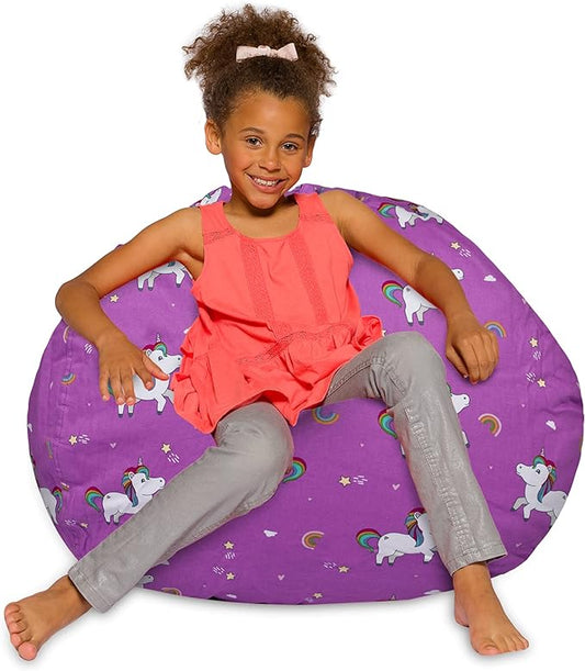 Posh Creations Bean Bag Chair for Kids, Teens, and Adults Includes Removable and Machine Washable Cover, 38in - Large, Canvas Unicorn and Rainbows on Purple - LeafyLoom