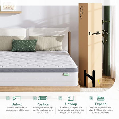 Novilla Full Size Mattress, 12 Inch Hybrid Mattress Full with comfort Foam, Innerspring Full Size Mattress in a Box, Mattress Full Size Bed for Pressure & Pain Relief, Soft Feel but Supportive - LeafyLoom