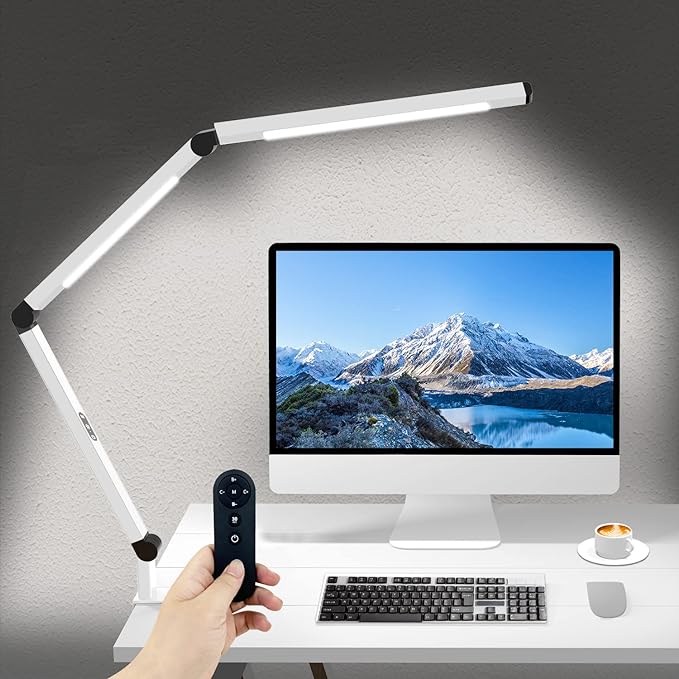 Micomlan LED Desk Lamp for Home Office, Architect Clamp Desk Lamp with Remote Control, Adjustable Swing Arm Clamp on Desk Light Clip-on Dual Light 5 Brightness Levels & 4 CCT Modes Table Light - LeafyLoom