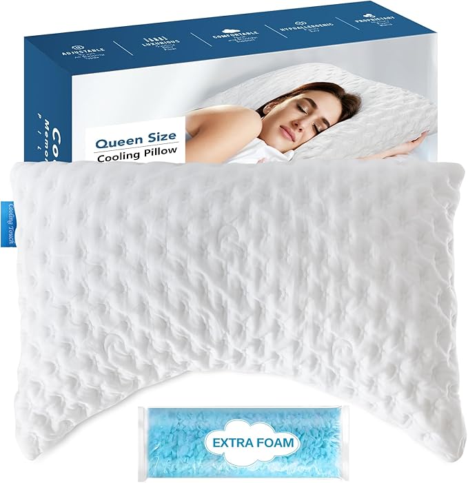 Cooling Side Sleeper Pillow for Neck and Shoulder Pain, Adjustable Shredded Memory Foam Bed Pillows for Sleeping, Ergonomic Curved Pillow with Extra Foam, Queen Size, Hypoallergenic Washable Cover - LeafyLoom