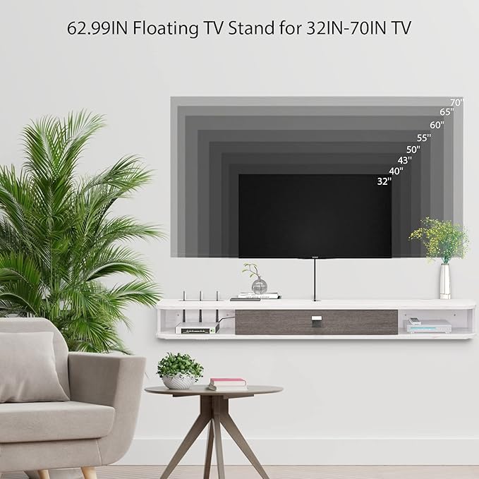 Floating TV Unit, 63'' Wall Mounted TV Cabinet, Floating Shelves with Door, Modern Entertainment Media Console Center Large Storage TV Bench for Living Room & Office (62.99IN, Grey White) - LeafyLoom