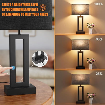 Nightstand Table Lamps for Bedrooms Set of 2 - Touch Bedside Lamp with USB C+A, 3 Way Dimmable Living Room Lamps for End Tables Set of 2, Modern Night Stand Lamps for Bed Side Guest Room(Black) - LeafyLoom