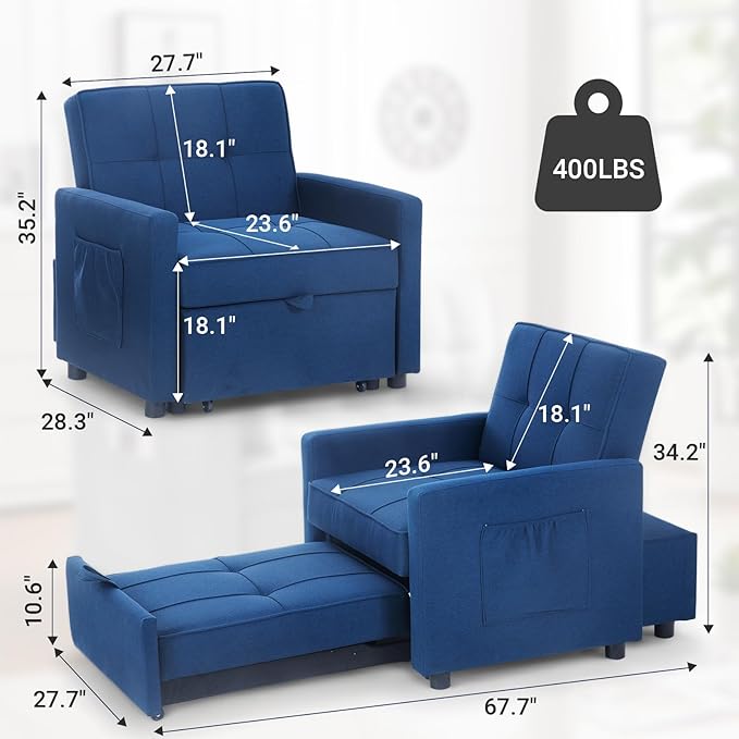 4-in-1 Convertible Sleeper Sofa, Single Pull Out Couch Chair with 6-Level Adjust Backrest Loveseat with Storage and Pillows, Modern Recliner for Living Room Apartment Office, Blue - LeafyLoom