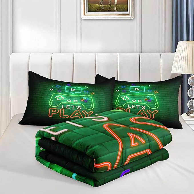 6 PCS Gamer Queen Comforter Sets,Queen Bedding Sets for Boys,Gaming Comforter Set,Queen Size Bedding Sets for Boys,Bed in A Bag with Sheets(Queen,Green Color) - LeafyLoom