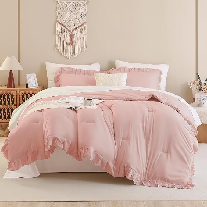 Andency Blush Ruffle Comforter Set, 2 Pieces Kids Comforter Set Twin(66x90Inch), Farmhouse Shabby Chic Comforter Set, Soft Microfiber Kids Bedding Set - LeafyLoom