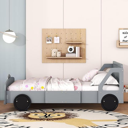 Full Size Car-Shaped Bed Frame for Kids,Wooden Platform Bed with Wheels and Side Rails for for Boys Girls,Wood Slat Supports,No Box Spring Needed,Gray - LeafyLoom