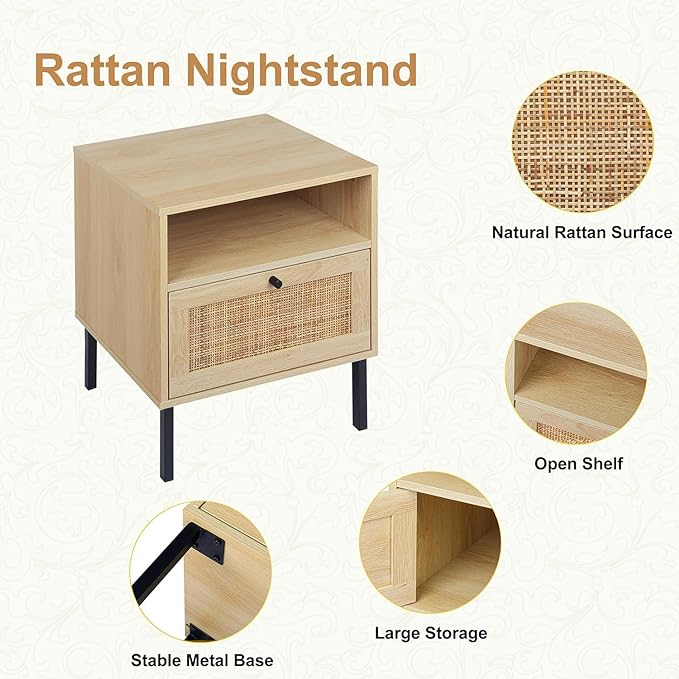 Rattan Nightstands Set of 2, Boho Night Stand with 1 Door, Accent End Table, Wood Bediside Table with Metal Legs&Open Shelf, Natural Wood - LeafyLoom