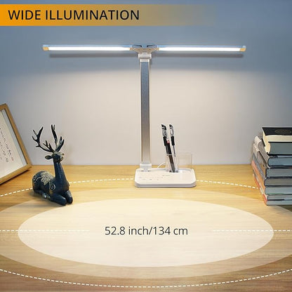 Qooltek LED Desk Lamp for Home Office, Touch Control Table Lamp with 5 Color Modes and Adjustable Brightness,Dual Swing Arm USB Charging Port Foldable Reading Light, Auto Timer, Silver White, 5W - LeafyLoom