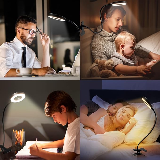 Desk Lamp with Clamp, Clip on Light, 48 LED USB Lamp with 3 Color Modes 10 Brightness Levels, 360° Flexible Gooseneck Eye Protection, Ring Light Bed Night Light for Reading With Adapter - LeafyLoom