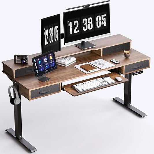 Electric Standing Desk, Multifunctional Standing Desk Adjustable Height, 55 * 24 Standing Desk with 4 Drawers, Ergonomic Adjustable Standing Desk with Keyboard Tray, Rustic Brown - LeafyLoom