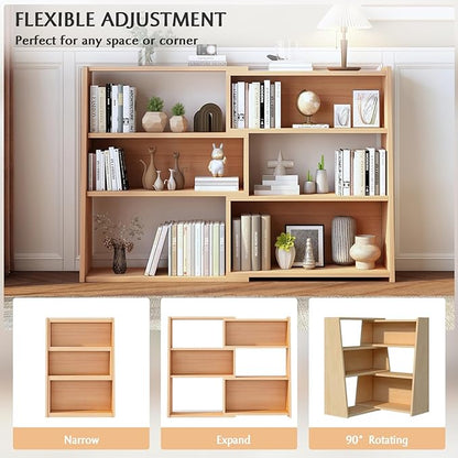 IOTXY Wooden Extendable Shelf Bookcase - 3-Tier Ladder Low Short Bookshelf for Small Space or Corner, Oak, L - LeafyLoom