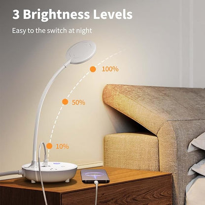 Desk Lamp Small Table Lamp for Bedside Lamp Bedroom Desk Light with Dual USB Charging Port and AC Outlet Office Reading Light Adjustable Gooseneck Working White LED Reading Lamp for Home Office - LeafyLoom