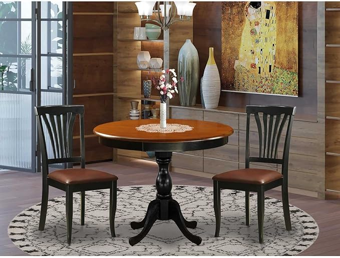 East West Furniture Antique 3 Piece Kitchen Set for Small Spaces Contains a Round Table with Pedestal and 2 Faux Leather Dining Room Chairs, 36x36 Inch, AMAV3-BCH-LC - LeafyLoom