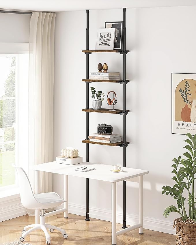 ALLZONE Adjustable Tall Narrow Bookshelf for Bedroom,4-Tier Ladder Bookshelf for Small Spaces,Tension Mount Small Book Shelf and Tall Bookcases, 64 to 113Inch Height Skinny Bookshelf with Open Storage - LeafyLoom