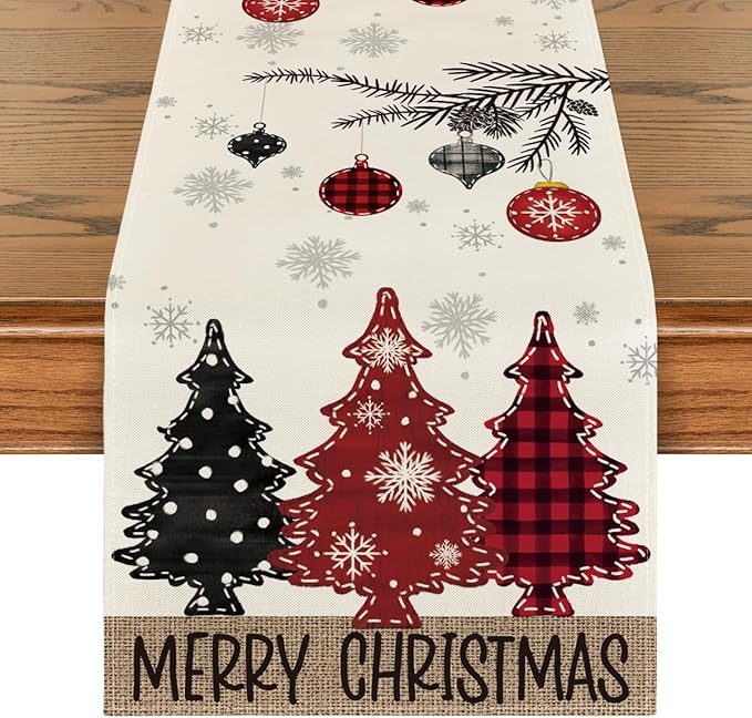 Artoid Mode Red Pine Trees Merry Christmas Table Runner, Winter Xmas Holiday Kitchen Dining Table Decoration for Home Party Decor 13x72 Inch ArtoidMode