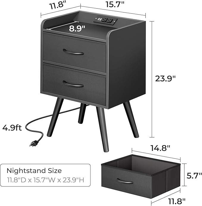 Night Stand with Charger Station, Nightstand with Drawers, Bedside Table, End Table with Solid Wood Feet, Black Nightstand, Side Tables for Bedroom - LeafyLoom