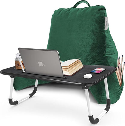 Clara Clark Reading Pillow with Portable Lap Desk for laptop Set, Back Pillow for Sitting Up in Bed, Memory Foam Back Support Pillow, Bed Rest Pillow with Foldable Laptop Desk, Standard - Dark Green - LeafyLoom