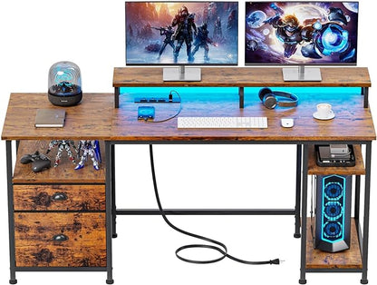 Furologee 61" Computer Desk with Power Outlet and USB Ports, Large Desk with Shelves and Drawer, Writing Study Desk with Fabric File Cabinet and Long Monitor Stand, Gaming Desk for Home Office - LeafyLoom