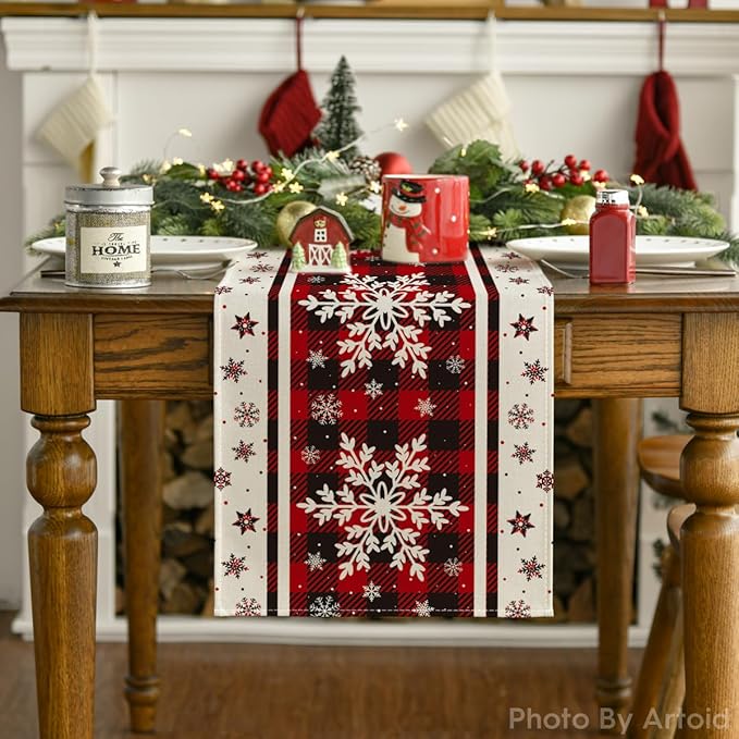 Artoid Mode Buffalo Plaid Snowflakes Christmas Table Runner, Seasonal Winter Kitchen Dining Table Decoration for Home Party Decor 13x60 Inch ArtoidMode