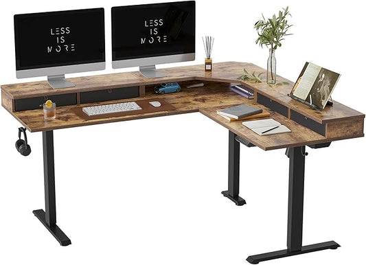 FEZIBO 63" L Shaped Standing Desk with 4 Drawers, Electric Standing Gaming Desk Adjustable Height, Corner Stand up Desk with Splice Board, Black Frame/Rustic Brown Top - LeafyLoom