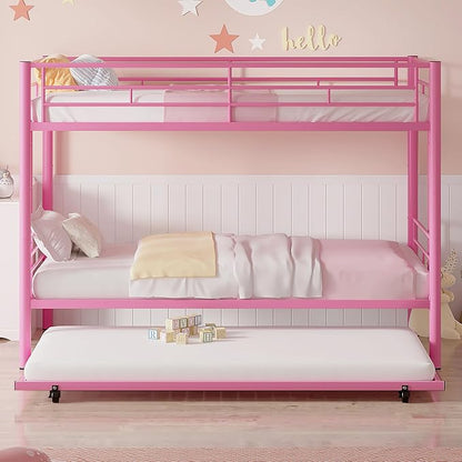 VECELO Twin Over Twin Bunk Bed with Trundle, Metal Bunkbeds with Ladder and Full-Length Guardrail, Noise Free, No Box Spring Needed, Pink - LeafyLoom