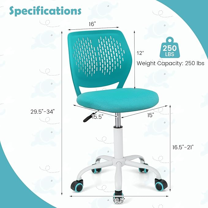 Kids Desk Chair, Ergonomic Kids Office Chair Ages8-12 w/Lumbar Support, Low-Back Teen Desk Chair for Girls Boys, Small Cute Kids Computer Chair for Bedroom/Study/Vanity Desk, Turquoise - LeafyLoom