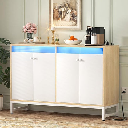 Aheaplus Sideboard Buffet Cabinet with Power Outlet, Kitchen Storage Cabinet with LED Light & Acrylic Doors, Accent Cabinet Cupboard Console Table for Dining Room, Kitchen, Hallway, Natural - LeafyLoom