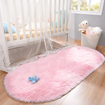 Merelax Soft Shaggy Rug for Kids Bedroom, Oval 2.6'x5.3' Pink Plush Fluffy Carpets for Living Room, Furry Carpet for Teen Girls Room, Anti-skid Fuzzy Comfy Rug for Nursery Decor Cute Baby Play Mat - LeafyLoom