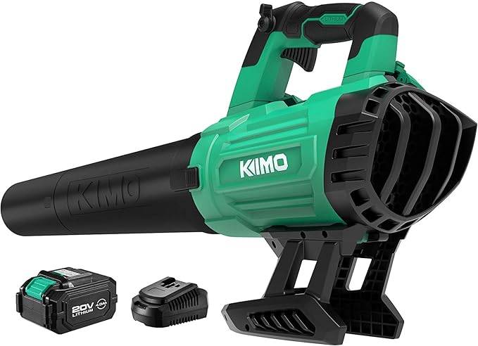 KIMO Cordless Leaf Blower - 400CFM Battery-Powered Blower for Blowing Wet Leaves, Snow Debris and Dust, 20V Electric Leaf Blower with Battery ＆ Charger for Lawn Care Garden Yard Work Around The House - LeafyLoom