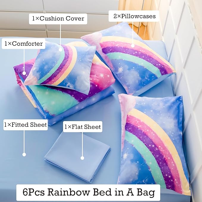 Aqua Blue Full Size Kids Comforter Sets for Girls, 6Pcs Colorful Rainbow Gradient Bedding Set, 3D Glitter Galaxy Bed in A Bag with Comforter, Sheets and Pillowcases for Teens - LeafyLoom